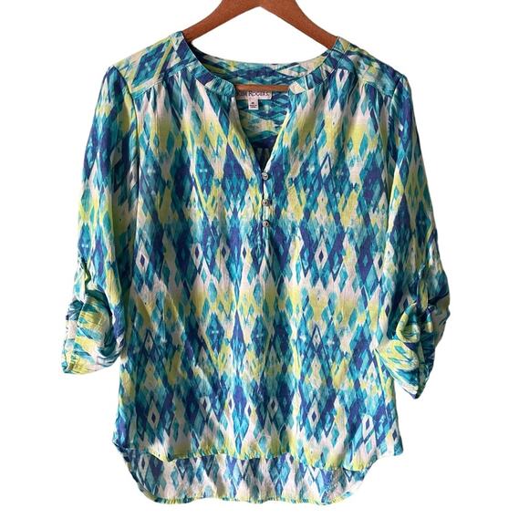 Kim Rogers Tunic Medium Shirt Blue Multi Color 3/4 Roll Tab Sleeves Aztec Summer - Picture 1 of 7